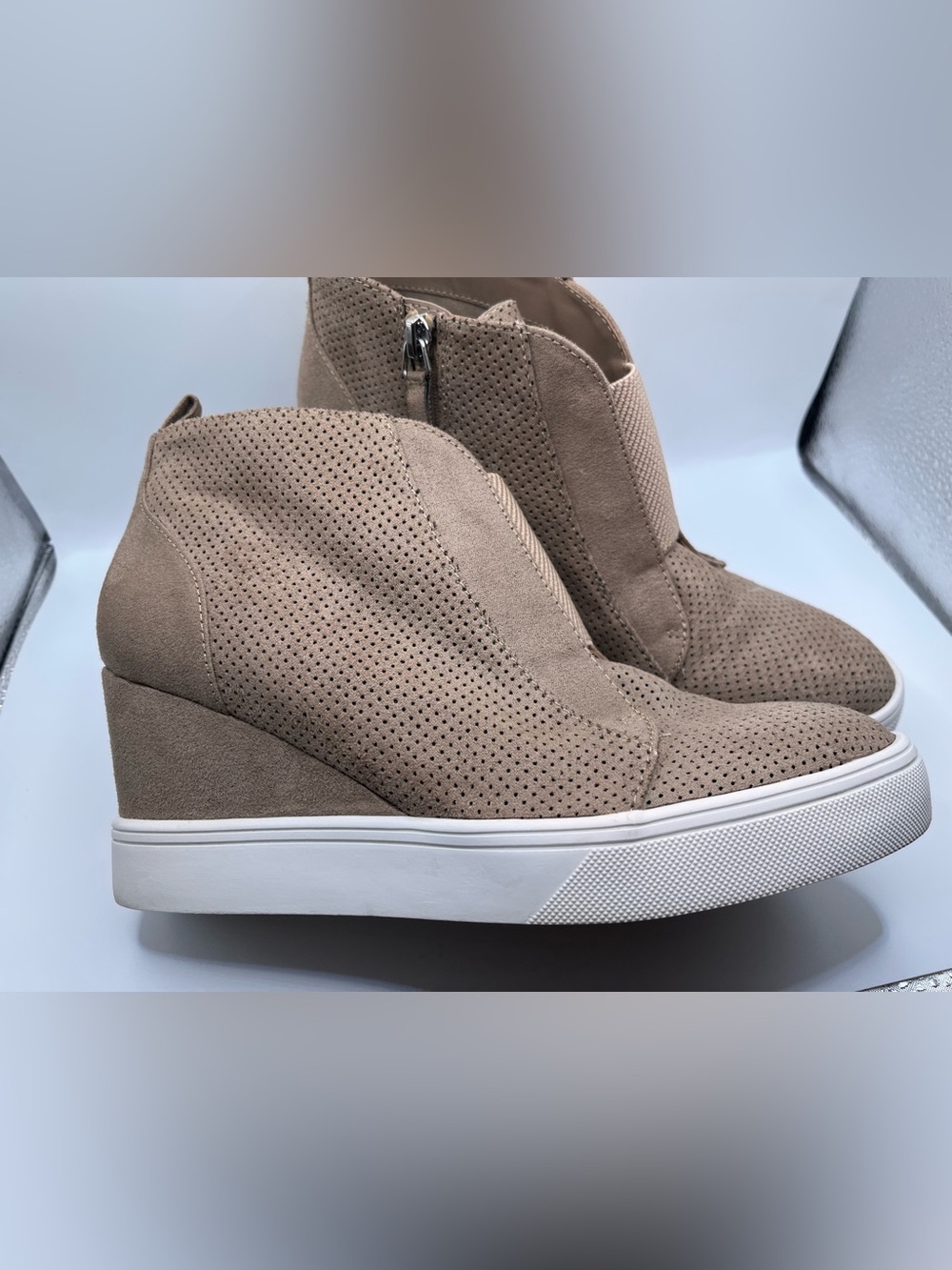 MIA Taupe Perforated Suede Wedge Sneaker US 71/2